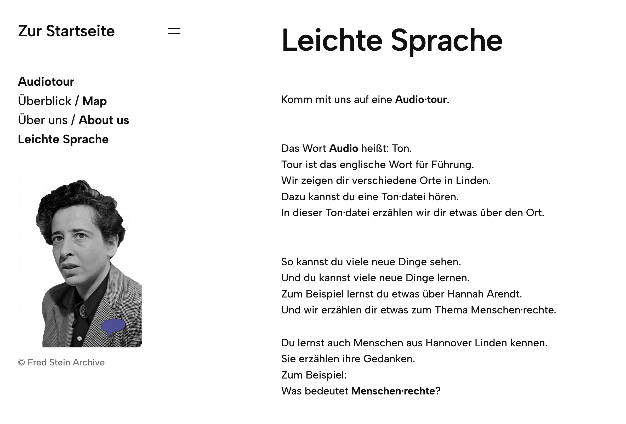 Screenshot der Hannah Arendt Audiotour Website in Leichter Sprache