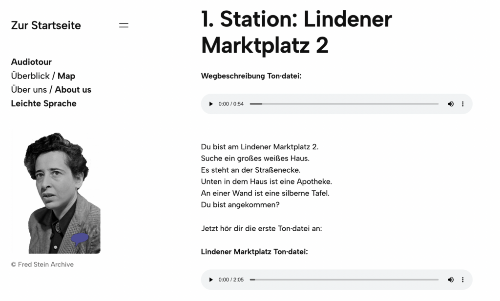 Screenshot der Website. Links das Menü, Mittig die Beschreibung der Station Lindener Marktplatz 2 in Leichte Sprache Text und Audio.