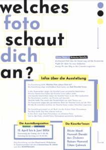 Erste Plakatseite "Welches Foto schaut dich an" mit Informationen zur Ausstellung in Leichter Sprache.