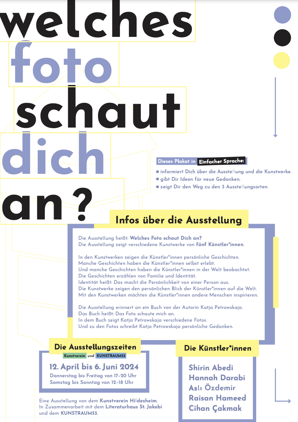 Erste Plakatseite "Welches Foto schaut dich an" mit Informationen zur Ausstellung in Leichter Sprache.